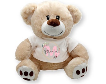 PERSONALISED Floral Teddy Bear with CUSTOM NAME, Soft Plush Toy with Elegant Flower Design, Unique Handprinted Cuddly Gift