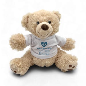 PERSONALISED Newborn Plush Teddy Bear with Custom Name Birth Details Soft UK Handprinted Keepsake Ideal Baby Boy Shower Gift