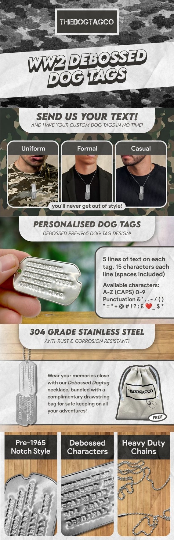 WW1 Us Dog Tags U.S. Army WWII Style Blank Dog Tags Set With Stainless  Steel Chains - Military Spec Dog Tags Personalized Military