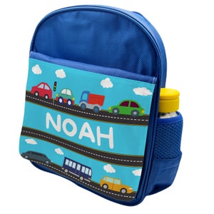 Sac à dos bleu personnalisé Cars Transport pour garçons et enfants, cartable pour enfants - Fabriqué au Royaume-Uni sur mesure