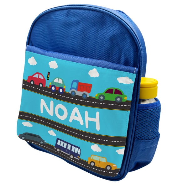 Personalised Custom Cars Transport Boys Kids Blue Backpack Children's School Bag - Custom Made In The UK