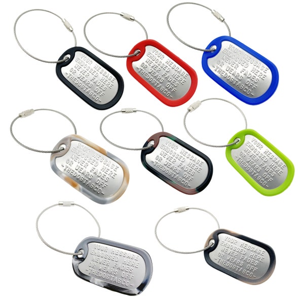 Personalized luggage tags - stainless steel metal custom embossed military tags with rubber silencer. choose your color! - thedogtagco