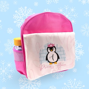 Sac à dos rose personnalisé pour enfants, princesse pingouin, filles, cartable pour enfants - Fabriqué au Royaume-Uni sur mesure