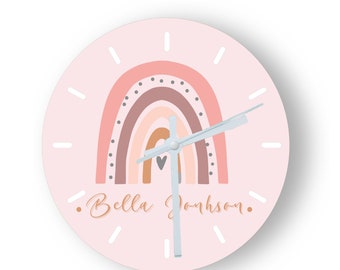 Personalised Glass Clock, Pink Rainbow Design, Custom Printed Analogue Clock, Keepsake/Memento for Home/Office