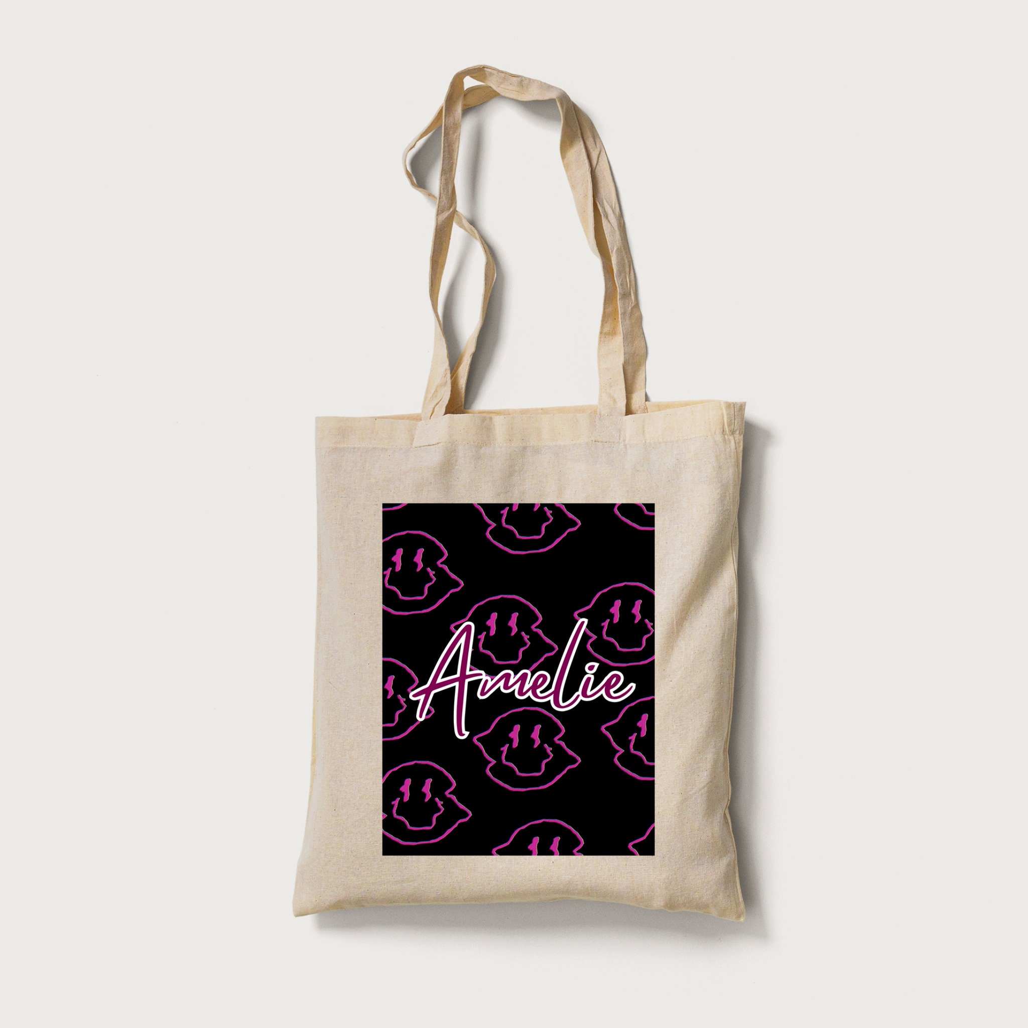 Personalised Smiley Face Tote Cotton Bag - Add Your Name - Bag For Life