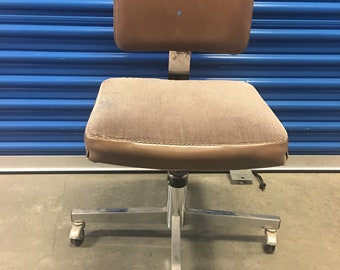 Vintage 1970 Office Desk Student Chair Pedestal Chrome MCM Brown Industrial Adjustable Desk Seating