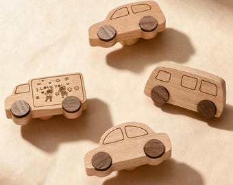 Custom Engraved Car & Bus Wood Cabinet Knob Solid Wood Door Knobs for Kids Room, Funky Drawer Pulls Nursery Dresser Pulls Cabinet Hardware