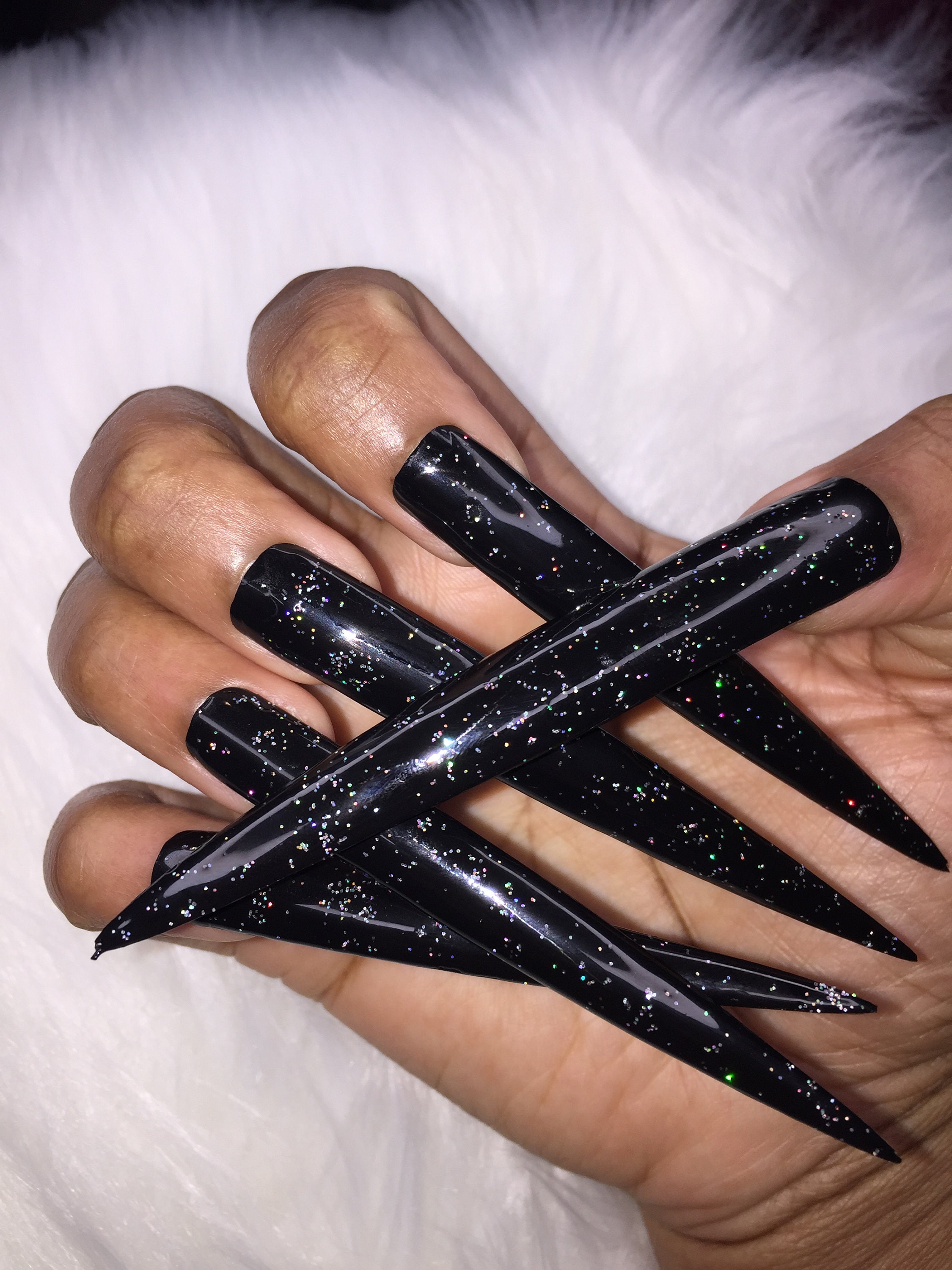 XXL Stiletto Black Glitter Nails Etsy