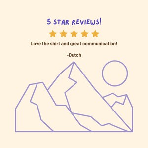 K&ouml;nnte beinhalten: F&uuml;nf Sterne Bewertungen! Ich liebe das Shirt und die Kommunikation war super! -Dutch. Illustration einer violetten Bergkette mit einer Sonne im Hintergrund.