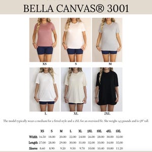K&ouml;nnte beinhalten: Eine Gr&ouml;&szlig;entabelle f&uuml;r Bella Canvas 3001 T-Shirts, die die Ma&szlig;e in Zoll f&uuml;r Breite, L&auml;nge und &Auml;rmell&auml;nge f&uuml;r die Gr&ouml;&szlig;en XS bis 5XL zeigt.