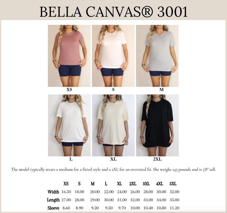 May include: A size chart for Bella Canvas 3001 t-shirts, showing the measurements in inches for width, length, and sleeve length for sizes XS to 5XL.
