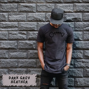 May include: A dark grey heather t-shirt with a simple black fishbone graphic design. The shirt is short-sleeved and has a crew neck.
