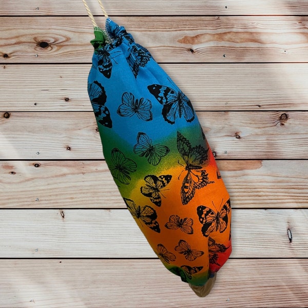 Grocery bag holder and dispenser, Rainbow, Tie Dye, Butterfly cotton drawstring elastic bag holder, reusable grocery bag sock