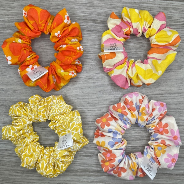 Groovy Retro Fabric  Scrunchies | Lava Lamp Swirls and Groovy Flowers Hair Accessories
