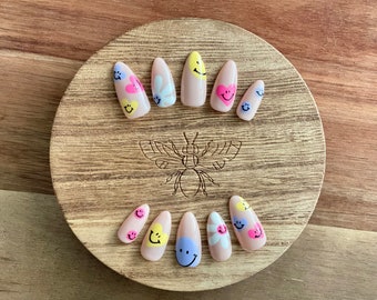 Dopamine Booster Smiley Heart Flower Funky Press On Nails