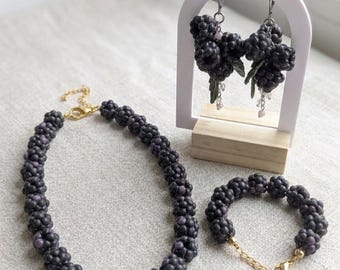 Realistic Blackberry Jewelry Set, Dark Botanical Necklace, Bracelet, Earrings