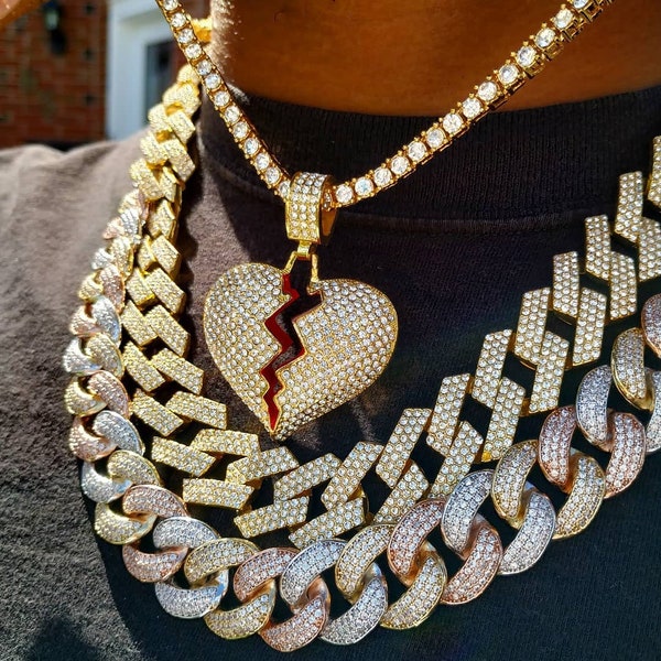 18K Gold Broken Heart Pendant, Heart pendant, heart jewelry, broken heart jewelry, hip hop jewelry, broken heart necklace, iced out pendant