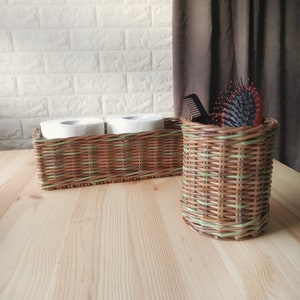 Set of two bathroom baskets. A wicker rectangular basket for toilet paper and a small round one for small items. Toilet paper holder. image 6