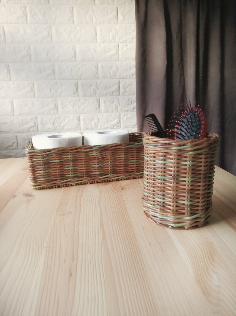 Set of two bathroom baskets. A wicker rectangular basket for toilet paper and a small round one for small items. Toilet paper holder. image 6