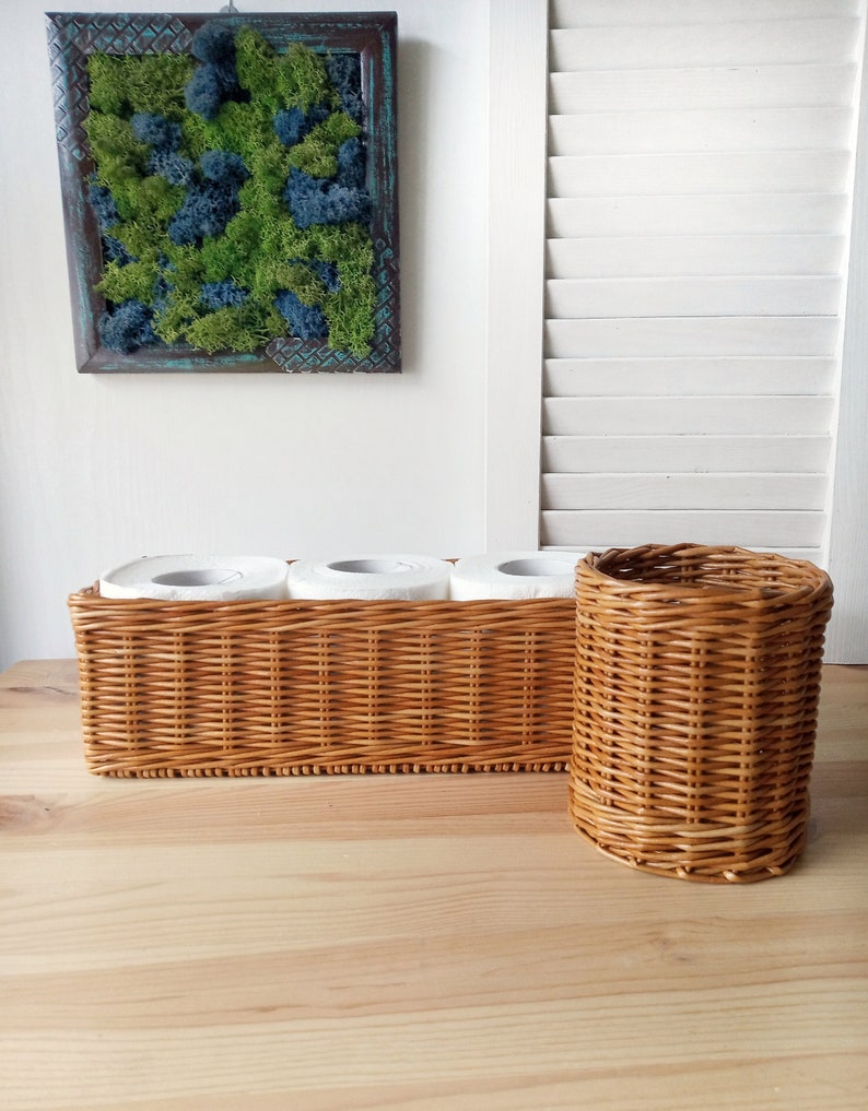 Set of two bathroom baskets. A wicker rectangular basket for toilet paper and a small round one for small items. Toilet paper holder. 7