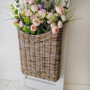 Basket on the door for flowers. Rectangular flat flower basket. Wicker basket in natural color, front door decoration. Hanging basket . image 6