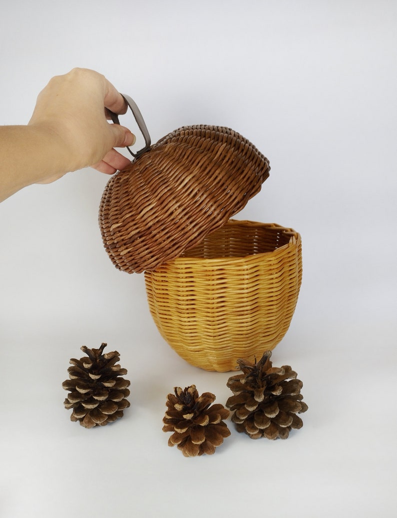 Wicker acorn decor for a children's room. Storage box for children's room. Box nut, acorn. Props for children's photography. Present. image 1