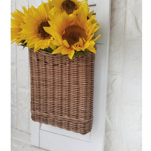 Basket on the door for flowers. Rectangular flat flower basket. Wicker basket in natural color, front door decoration. Hanging basket . image 5