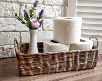 Wicker rectangular gray toilet paper basket. Toilet paper holder. Bathroom storage.