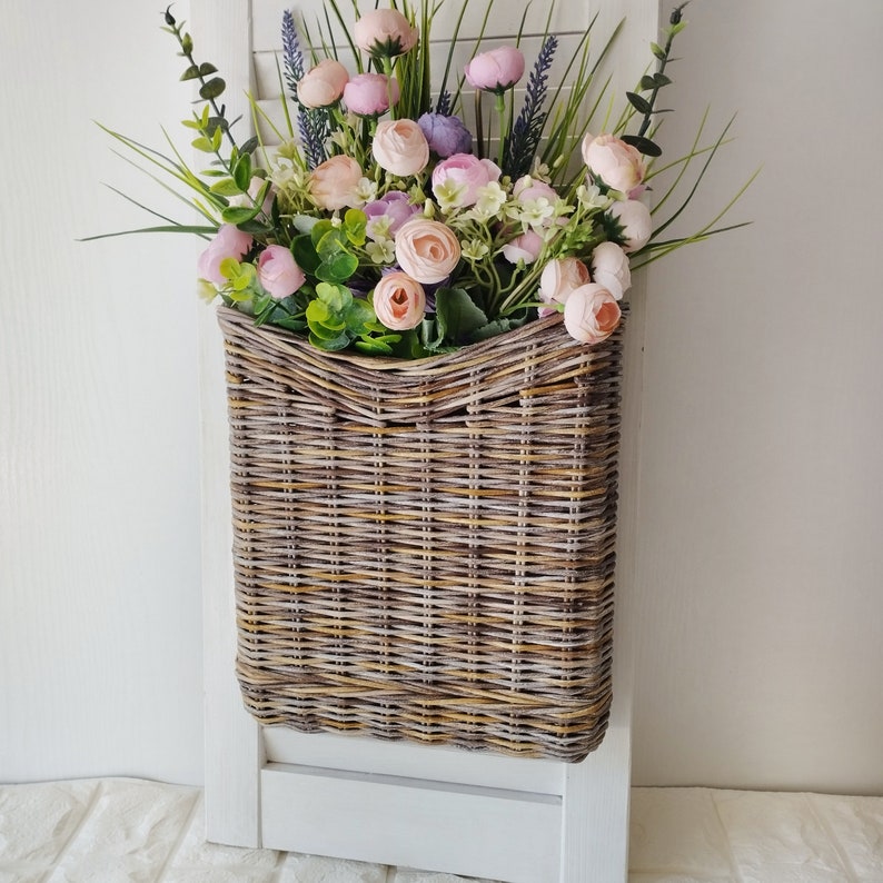 Basket on the door for flowers. Rectangular flat flower basket. Wicker basket in natural color, front door decoration. Hanging basket . image 1