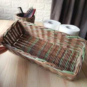 Set of two bathroom baskets. A wicker rectangular basket for toilet paper and a small round one for small items. Toilet paper holder. image 5