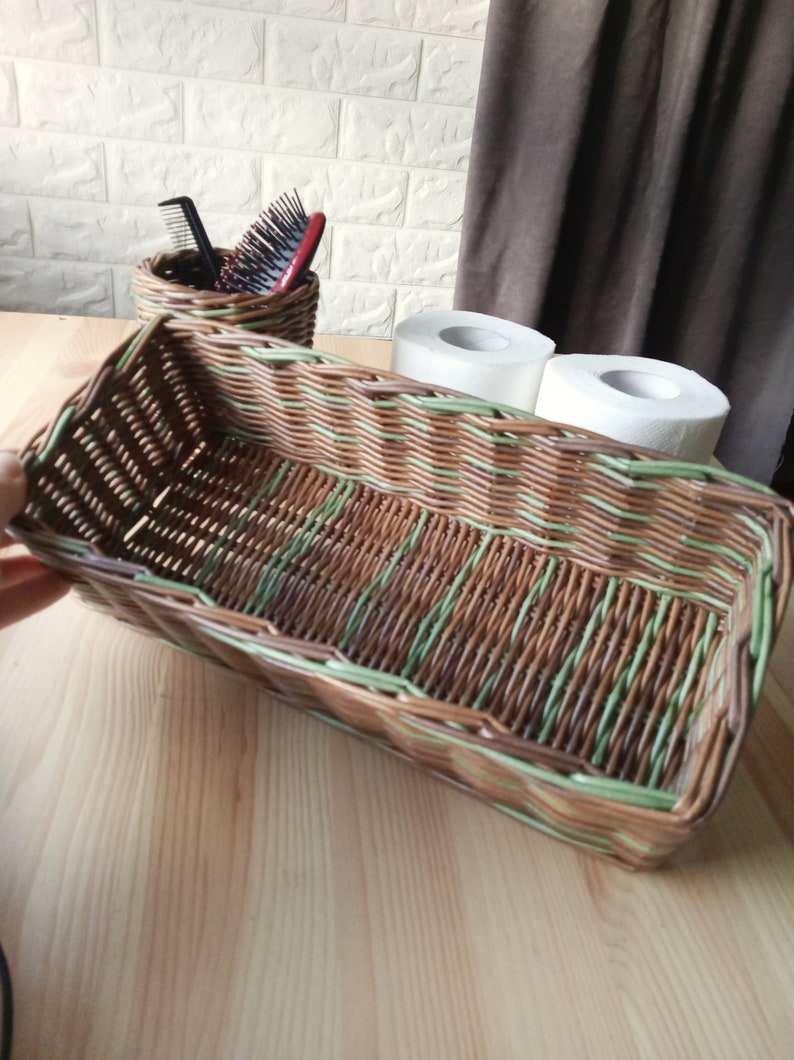 Set of two bathroom baskets. A wicker rectangular basket for toilet paper and a small round one for small items. Toilet paper holder. image 5