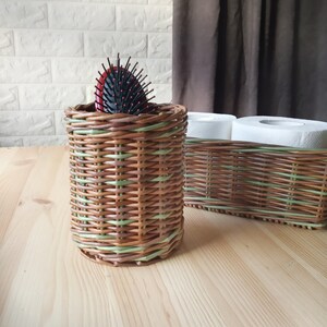 Set of two bathroom baskets. A wicker rectangular basket for toilet paper and a small round one for small items. Toilet paper holder. image 7