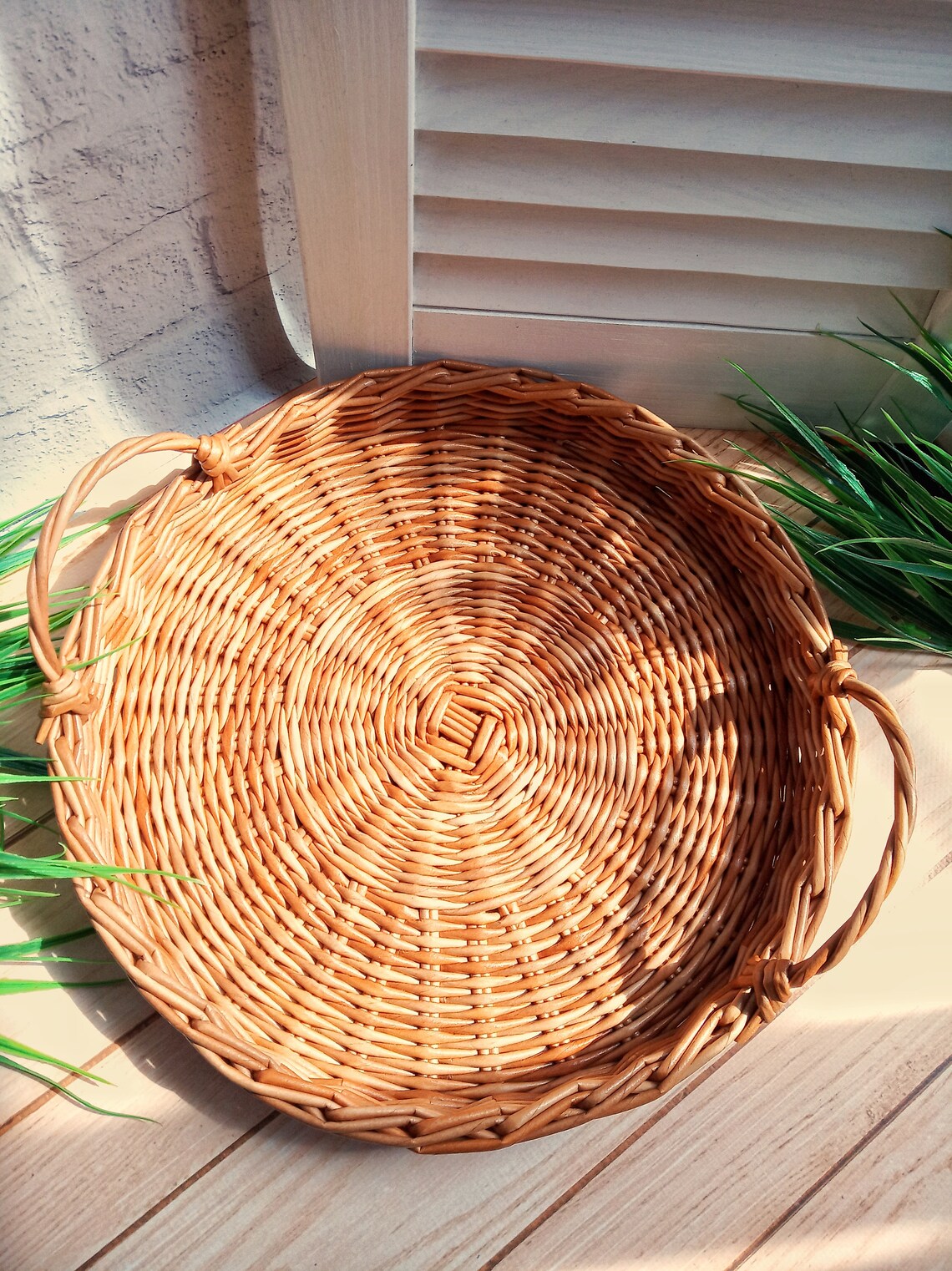 Small round wicker tray with handles for a coffee table. Nice Etsy