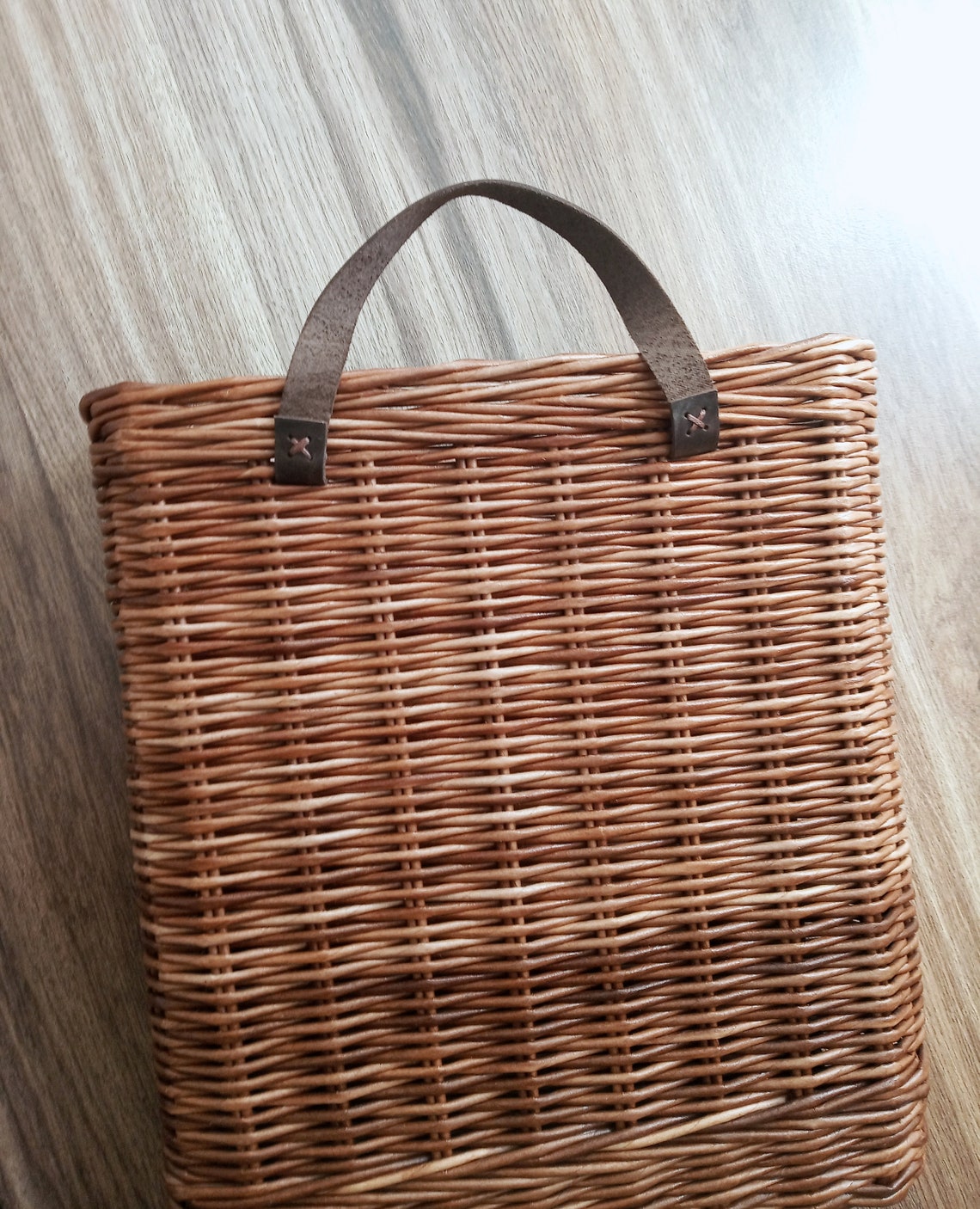 Wicker flat basket on the door for flowers. home decor in a Etsy