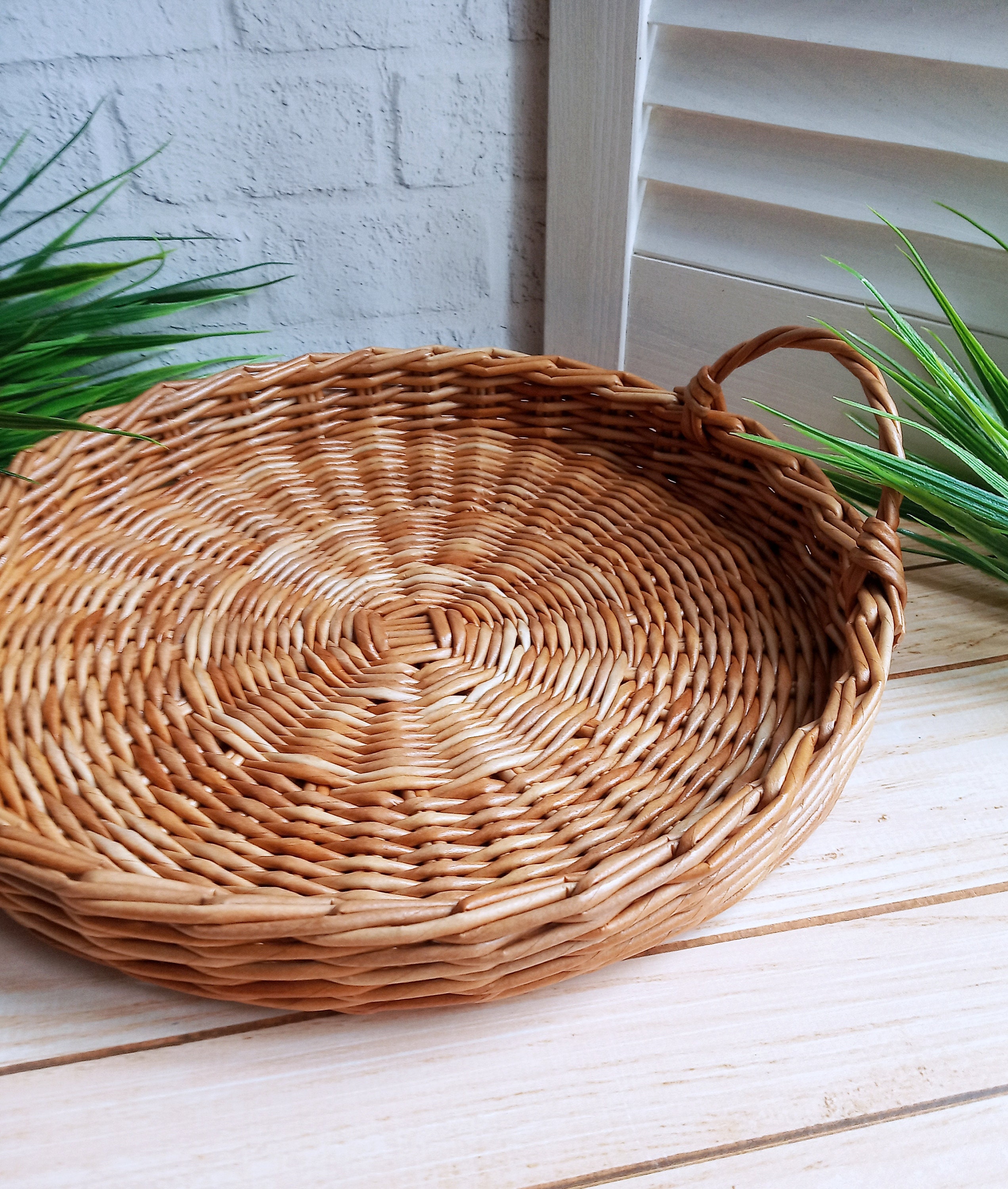 Small round wicker tray with handles for a coffee table. Nice Etsy