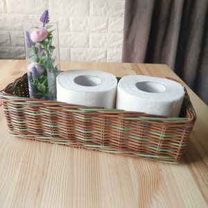 Set of two bathroom baskets. A wicker rectangular basket for toilet paper and a small round one for small items. Toilet paper holder. image 4
