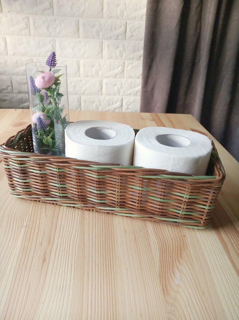 Set of two bathroom baskets. A wicker rectangular basket for toilet paper and a small round one for small items. Toilet paper holder. image 4