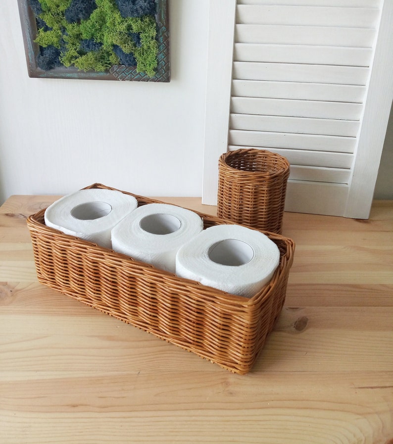 Set of two bathroom baskets. A wicker rectangular basket for toilet paper and a small round one for small items. Toilet paper holder. image 2