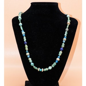 Arizona Turquoise dogbone beads mixed with Blue Apatite, Lapis, Prehnite and Tibetan silver, 21inch necklace, Boho beads. Gift for Her