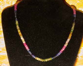 Rainbow Sapphire necklace made with Blue, Green, White, Yellow, Red and Pink 5mm hand-faceted Sapphire beads, Gift For Her