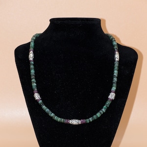 18inch Emerald & Ruby 5.5mm Heishi necklace with Tibetan Om mani padme hum sterling .925 silver beads, 100% all natual colors, Gift for Her