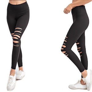 Distressed Laser Cut Full Length High Waist Yoga Pants/Leggings with inner pocket