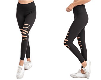 Distressed Laser Cut Full Length High Waist Yoga Pants/Leggings with inner pocket