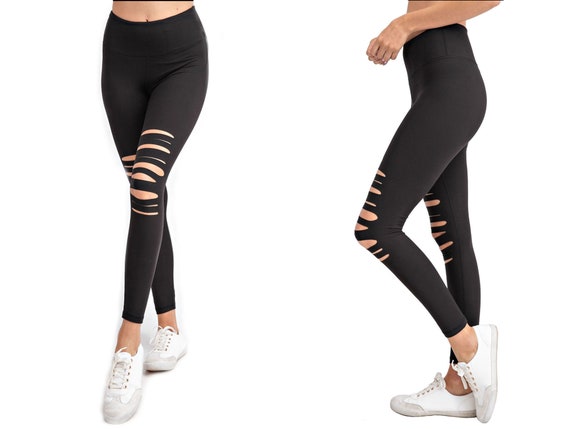 Distressed Laser Cut Full Length High Waist Yoga Pants/leggings With Inner  Pocket 