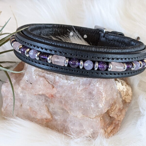 Beaded Dog Collar with Rose Quartz, Amethyst and Lepidolite