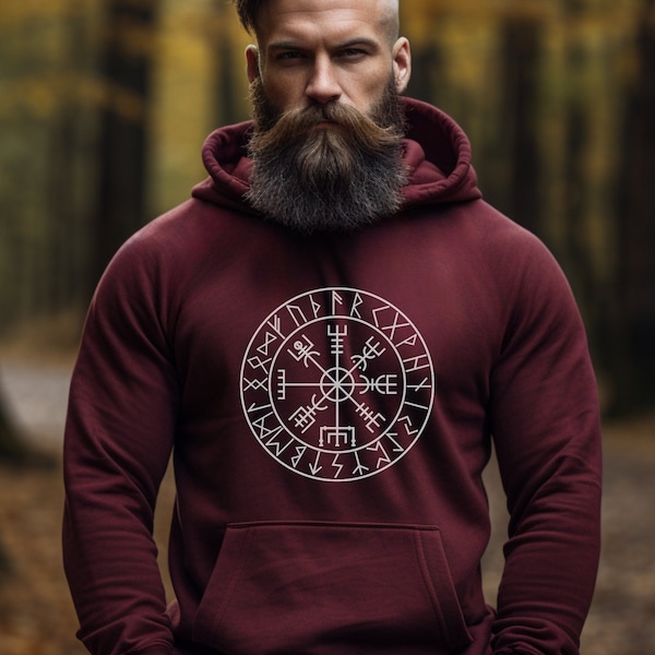 VEGVISIR Viking Compass Hoodie, Runes Hoodie, Goth Hoodie, Runes Hoodie, Mens Goth, Nordic Gift, Runes Gift, Wikinger, Norse Clothes, Nordic