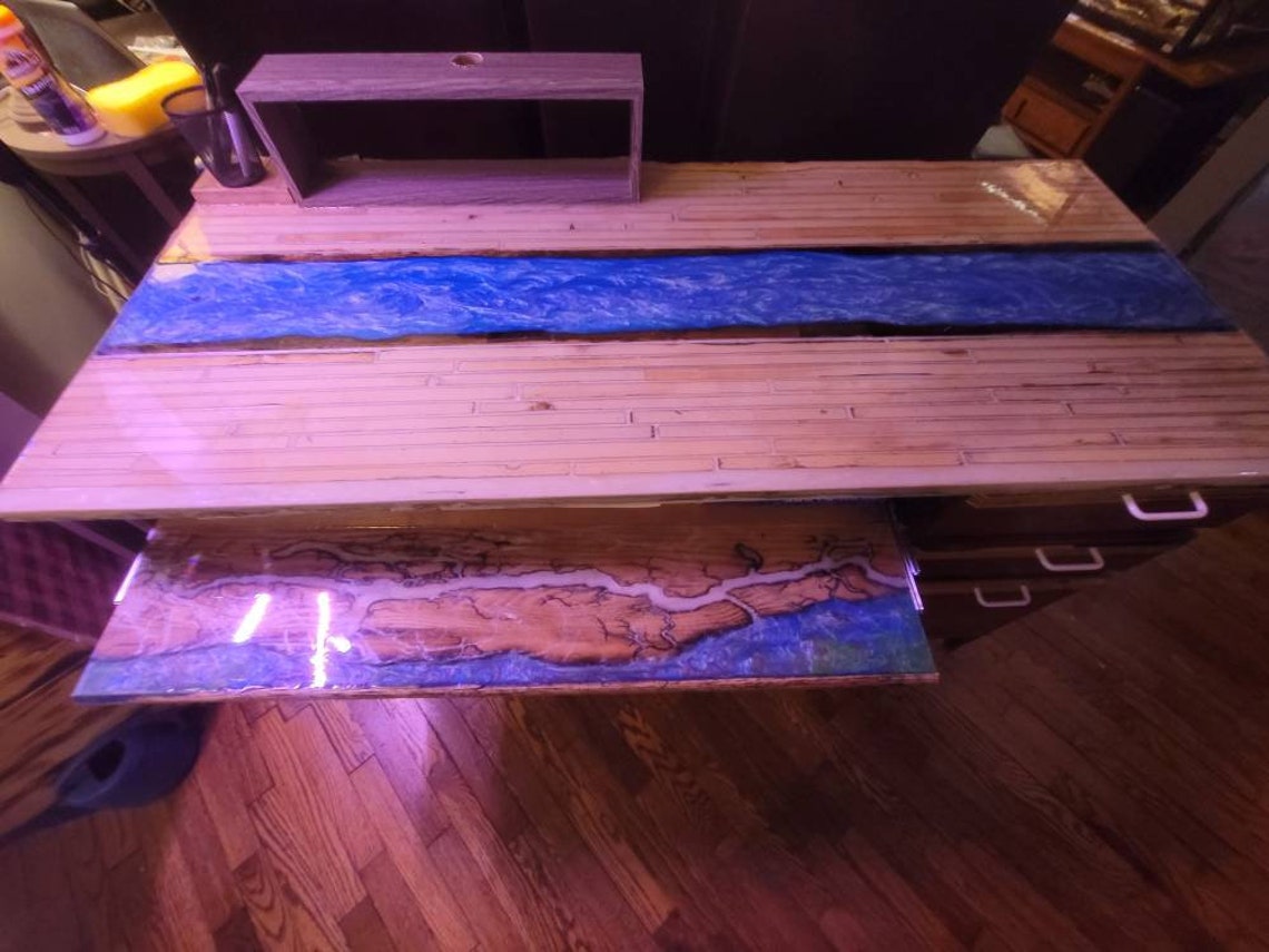 Computer office desk custom epoxy resin river with fractal Etsy