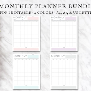 May include: Four printable monthly planner templates in pink, light blue, green, and gray. The text "MONTHLY PLANNER BUNDLE" is at the top of the image. The text "PDF PRINTABLE - 4 COLORS - A4, A5, & US LETTER" is below the title.