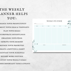 May include: A weekly planner with a light blue background and a floral design. The planner includes sections for each day of the week, notes, and priorities. The text "Weekly Planner" is at the top of the page.