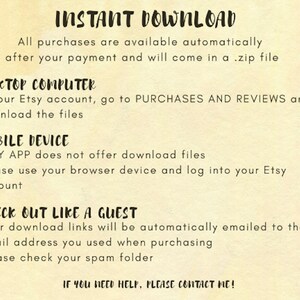 May include: A beige background with black text explaining how to download digital files purchased on Etsy. The text includes instructions for desktop computers, mobile devices, and guest checkouts. The text also includes the phrase "INSTANT DOWNLOAD".